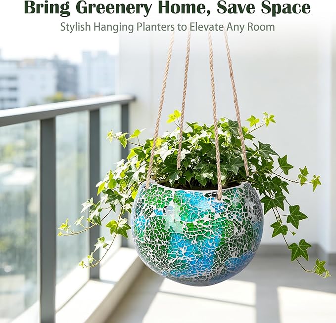 Hanging Planter Mosaic Garden Pot Small Flower Pot for Indoor Plant Disco Ball Hanging Planter with Drainage Green