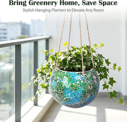 Hanging Planter Mosaic Garden Pot Small Flower Pot for Indoor Plant Disco Ball Hanging Planter with Drainage Green