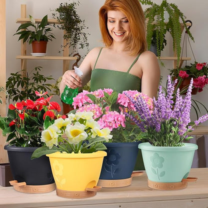 gegemaoyi Plastic Plant Pots 10 Inch Set of 4, Self Watering Pots with Drainage Holes, Saucer & Reservoir, Flower Pots for Indoor/Outdoor Plants, Decorative Nursery Planting Pots (Multicolor)