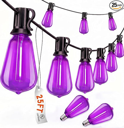 25FT Halloween Purple ST38 LED Outdoor String Lights with 25 Orange Edison Bulbs, Connectable Waterproof Hanging Patio Lights for Halloween, Thanksgiving, Backyard, Porch, Party Decor