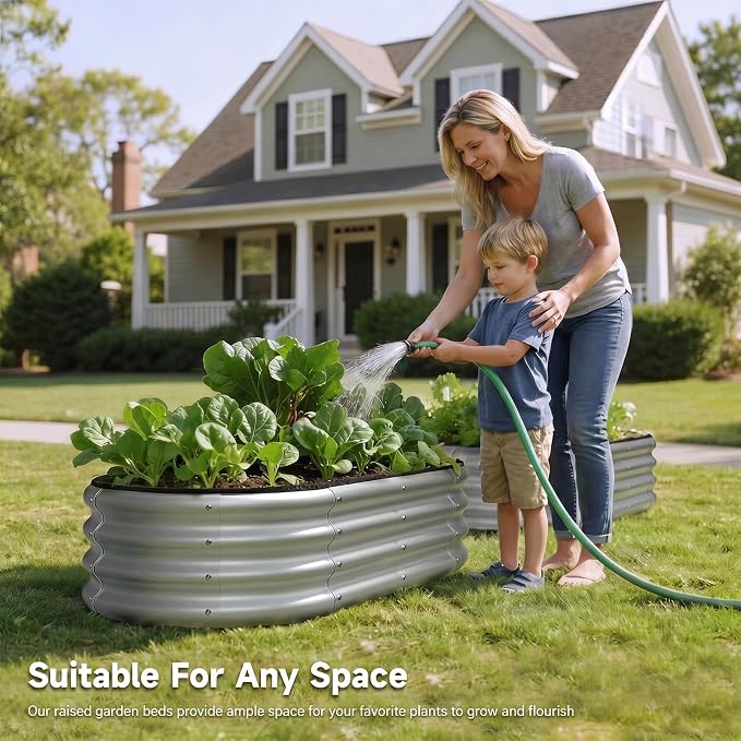 2PCS 4x2x1 FT Oval Metal Raised Garden Bed Kit, Open Bottom Design Elevated Garden Planter Box Outdoor, Trough Planter for Outdoor Plants, Flower, Vegetables, Fruit, Herbs (Silver)