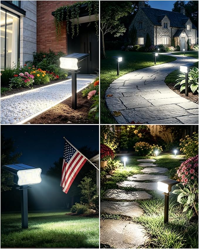 HGGH Solar Lights Outdoor Waterproof IP67, 60 LED 3 Lighting Modes Solar Spot Lights Outdoor for Yard Garden Pathway Landscape, Auto On/Off, Function 2 in 1(Cool White, 4 Pack)