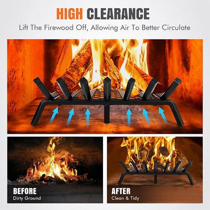 INNO STAGE Fireplace Grates with Ember Retainer - 24 Inch Fireplace Log Grate, Wood Stove Grate, Firewood Wood Log Holder Rack,Inside Wrought Cast Iron Fire Grate for Hearth Indoor Outdoor Camping