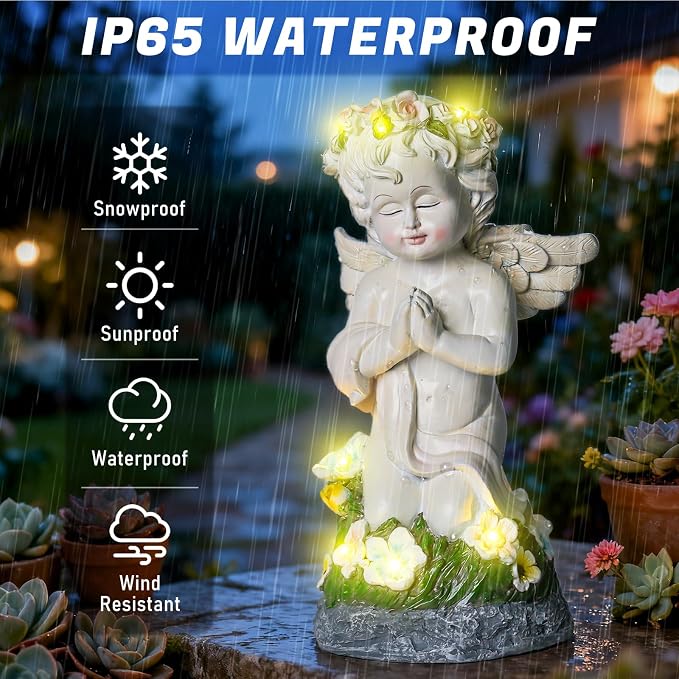 Solar Powered Angel Statue for Garden, Outdoor Spiritual Decorations for Patio Lawn Cemetery, Illuminated Seraphim Figurine with Warm Light, Gift for Women Religious Faith Ornament, Rustproof Resin