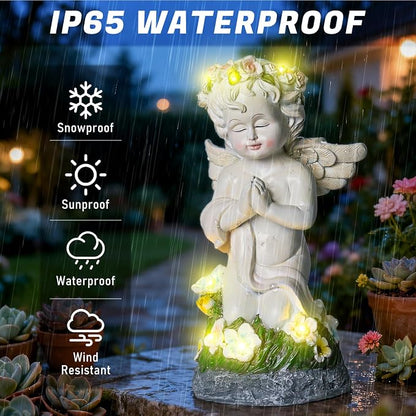 Solar Powered Angel Statue for Garden, Outdoor Spiritual Decorations for Patio Lawn Cemetery, Illuminated Seraphim Figurine with Warm Light, Gift for Women Religious Faith Ornament, Rustproof Resin