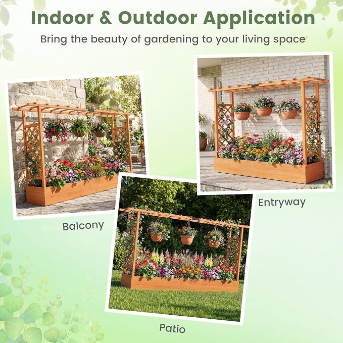 Giantex Wooden Raised Garden Bed with Trellis & Hanging Roof, Fir Wood Planter Box, 45” Freestanding Elevated Garden Bed for Outdoor Climbing Plants Vegetables Flowers, Patio & Balcony, Orange