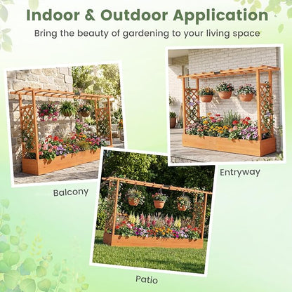 Giantex Wooden Raised Garden Bed with Trellis & Hanging Roof, Fir Wood Planter Box, 45” Freestanding Elevated Garden Bed for Outdoor Climbing Plants Vegetables Flowers, Patio & Balcony, Orange