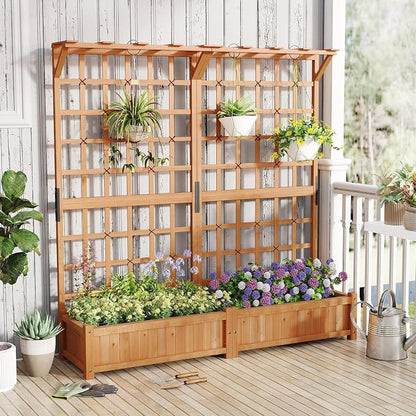 72" Raised Garden Bed with Lattice Trellis, Hanging Roof & Drainage Holes, Elevated Wooden Planter Box for Vine Climbing Plant, Flower, Herb & Vegetable