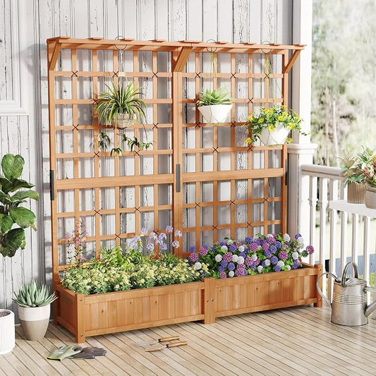 72" Raised Garden Bed with Lattice Trellis, Hanging Roof & Drainage Holes, Elevated Wooden Planter Box for Vine Climbing Plant, Flower, Herb & Vegetable