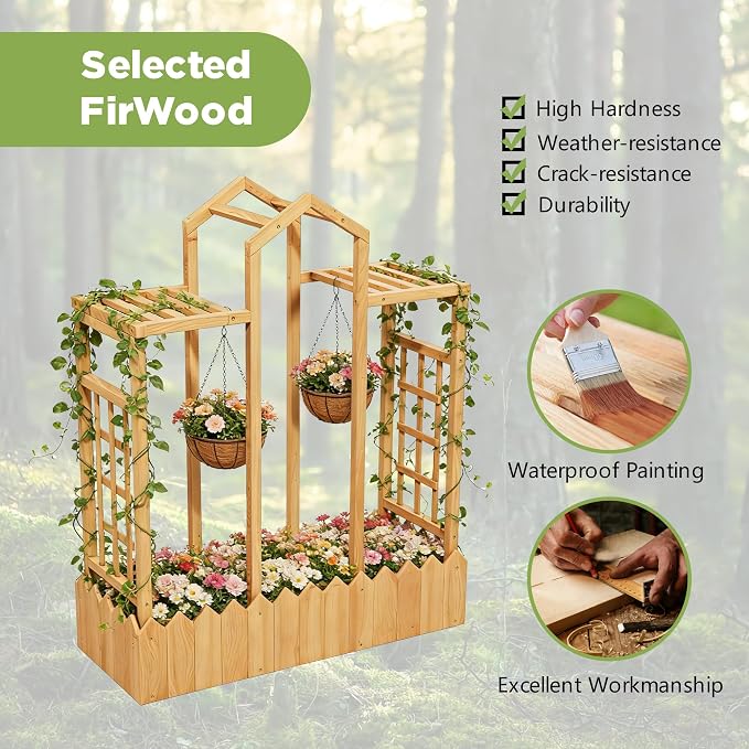Raised Garden Bed with Trellis, Wood Elevated Planter Box with Trellis and Hanging Roof, Freestanding Outdoor Garden Planter for Flowers Herbs Climbing Vines
