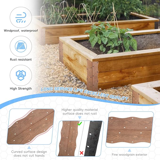 Set of 8 Raised Garden Bed Corner Brackets with Wood Screws, Rust Resistant Metal Connectors 11" x 3" x 3" for 20"-24" Beds, Raised Bed Corners for Vegetable Planter Garden Wood Grain