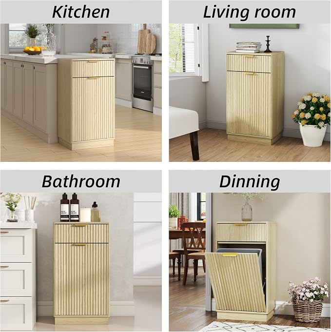 Ball & Cast 10-Gallon Tilt Out Trash Can Cabinet with Hideaway Drawer, Wooden Freestanding Garbage & Recycling Cabinet, Wave-Textured Pull-Out Bin for Kitchen, Bathroom, Living Room (Natural Oak)