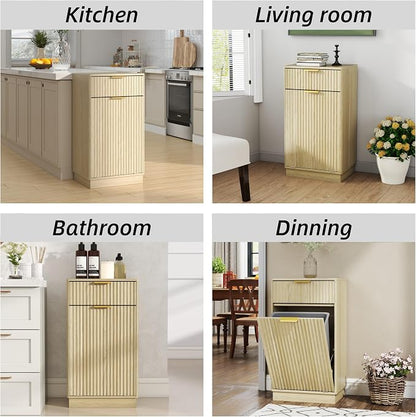 Ball & Cast 10-Gallon Tilt Out Trash Can Cabinet with Hideaway Drawer, Wooden Freestanding Garbage & Recycling Cabinet, Wave-Textured Pull-Out Bin for Kitchen, Bathroom, Living Room (Natural Oak)