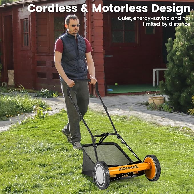 Goplus Manual Lawn Mower, 16 Inch 5-Blade Walk-Behind Cordless Grass Cutter with 7 Gallon Removable Grass Collect Bag, Adjustable Cutting Heights, Push Reel Lawn Mower for Yard, Garden