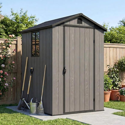 Devoko 4×4 FT Resin Storage Sheds with Floor, Plastic Outdoor Tool Shed with Windows, Waterproof Outside Sheds and Lockable Doors for Backyard Lawn Garden, Dark Gray