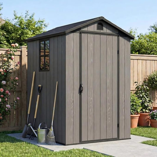 Devoko 4×4 FT Resin Storage Sheds with Floor, Plastic Outdoor Tool Shed with Windows, Waterproof Outside Sheds and Lockable Doors for Backyard Lawn Garden, Dark Gray
