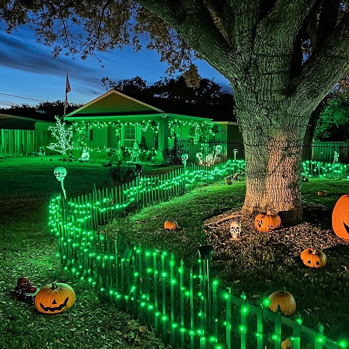 JMEXSUSS 2 Pack Solar Halloween Lights Outdoor, Total 400 LED 151FT, Green | Outdoor Waterproof, 8 Modes Solar Christmas String Lights for Outside Patio Yard Garden Tree Christmas Halloween Decorations