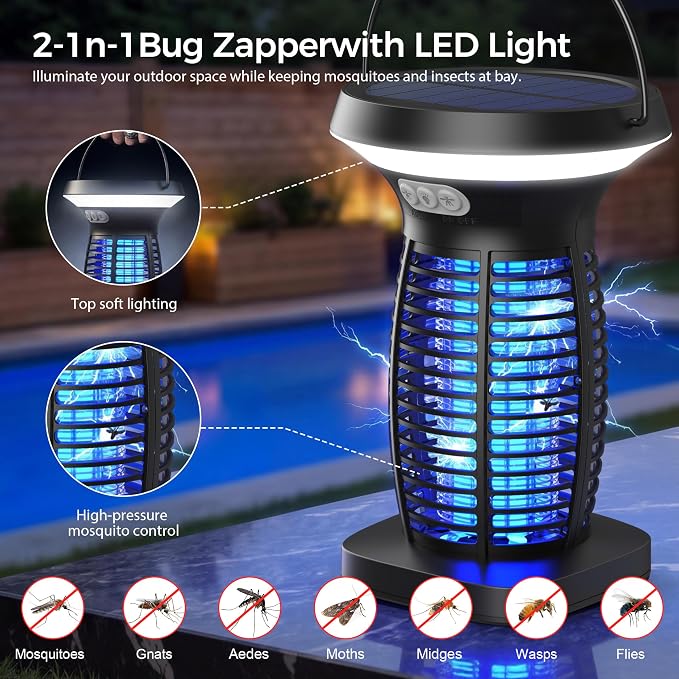 Solar Bug Zapper Outdoor, UV Mosquito and Fly Zapper with Auto Mode, Rechargeable Cordless Electric Insect Trap, Waterproof Bug Light for Patio Backyard Porch Camping