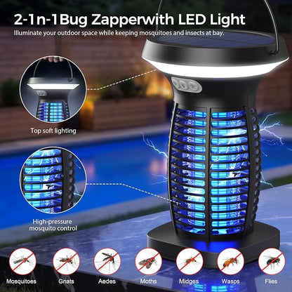 Solar Bug Zapper Outdoor, UV Mosquito and Fly Zapper with Auto Mode, Rechargeable Cordless Electric Insect Trap, Waterproof Bug Light for Patio Backyard Porch Camping