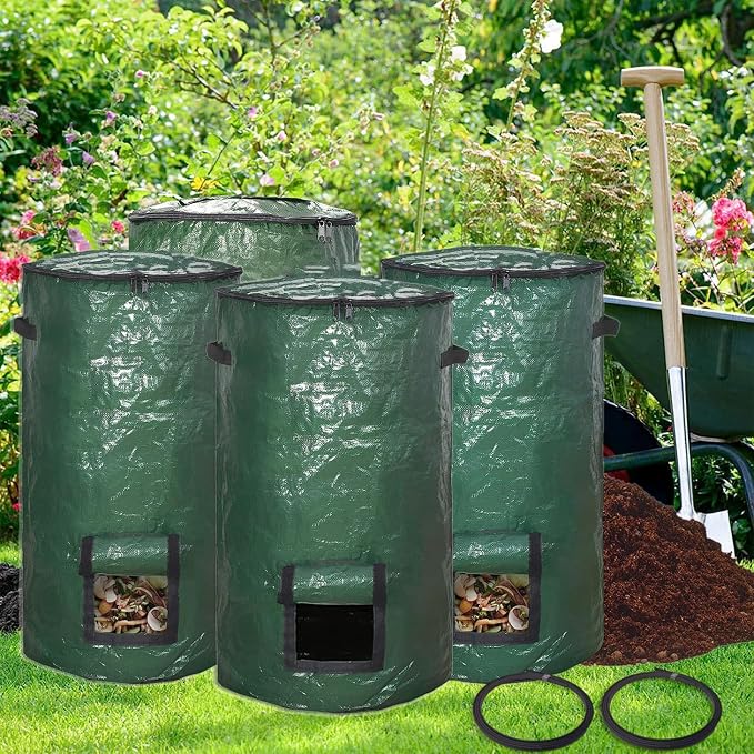 Compost Bin Bags 34 Gallon Garden Compost Bags Outdoor Reusable,Organic Waste Garden Yard Compost Bag Collapsible Leaf Lawn Bags Gardening Container (Green 4pcs)