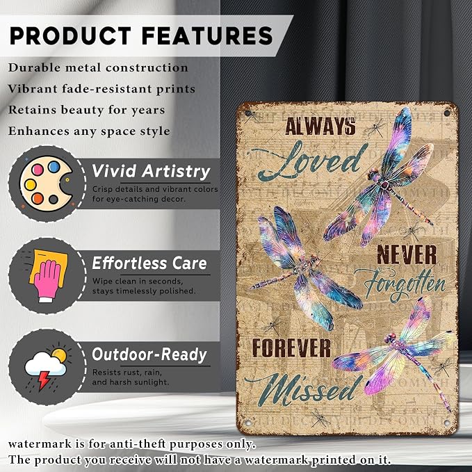 Dragonfly Decor Always Loved Never Forgotten Forever Missed Dragonfly Poster for Home Farm Outdoor Bathroom Restaurant Cafes Bars Club Kitchen Garage Vintage Art Wall Decor 12 * 8inch