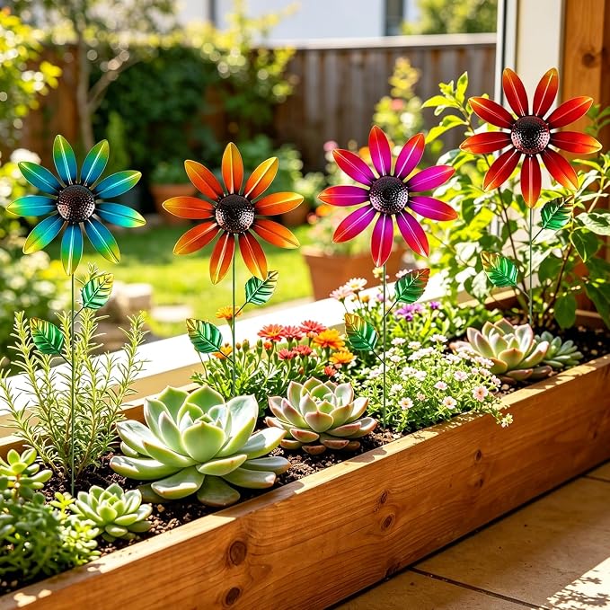 DETENE Metal Flower Garden Stakes Set of 4 Outdoor Flower Yard Decor Multicolor Lawn Flower Stakes for Spring Patio Pathway Garden Decoration Rustproof Metal Garden Art Decor