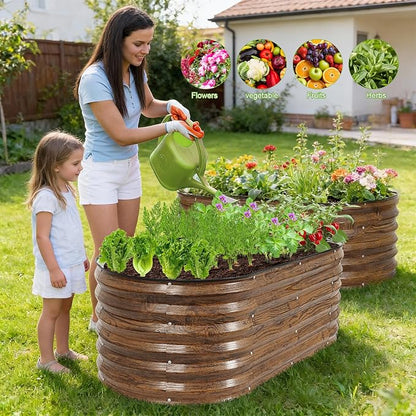 Galvanized Raised Garden Bed Outdoor- 2PCS 4x2x1.4ft Oval Steel Raised Beds for Gardening, Metal Planter Box with Protective Strip and Gloves for Vegetables, Flowers, Fruits(Brown)