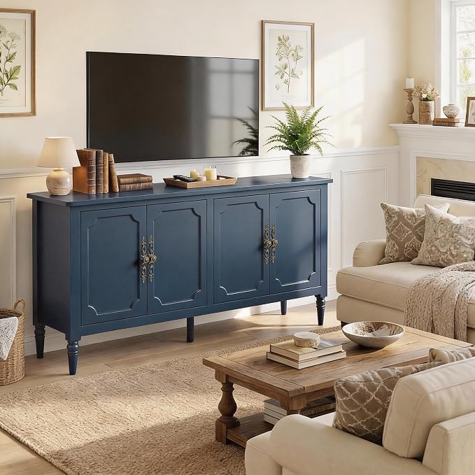 RoyalCraft Sideboard Buffet Cabinet with Storage, 59" Mid Century Modern Credenza with 4 Doors, Coffee Bar Wine Bar Storage Cabinet with Artistic Carved Handle for Living Room, Dining Room, Navy Blue