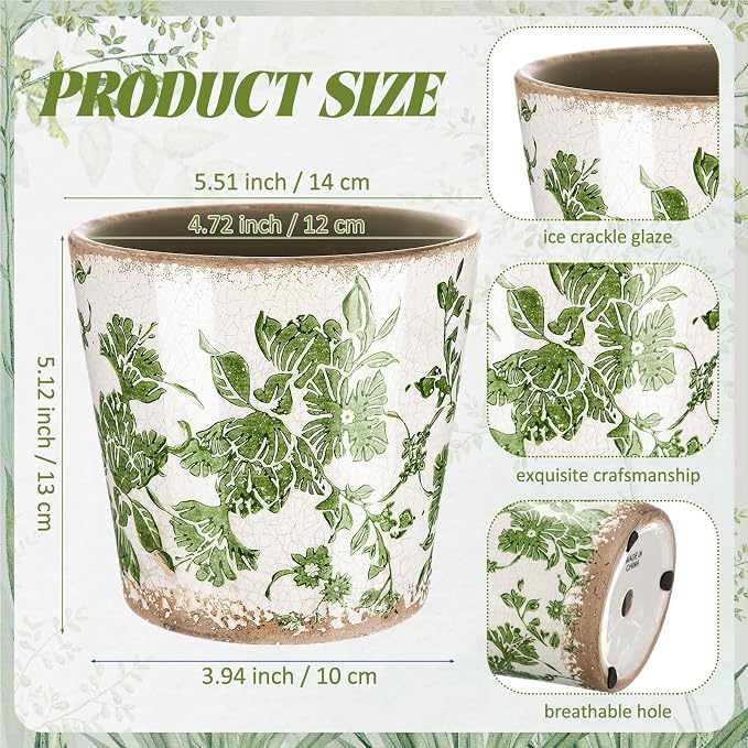 Beeveer Farmhouse Ceramic Planter 5.5 Inch Large Plants Pot Ice Crack Beige Green Flowers Plant Pots with Drainage Hole Indoor Plants Kitchen Rustic Antique Decor Gift
