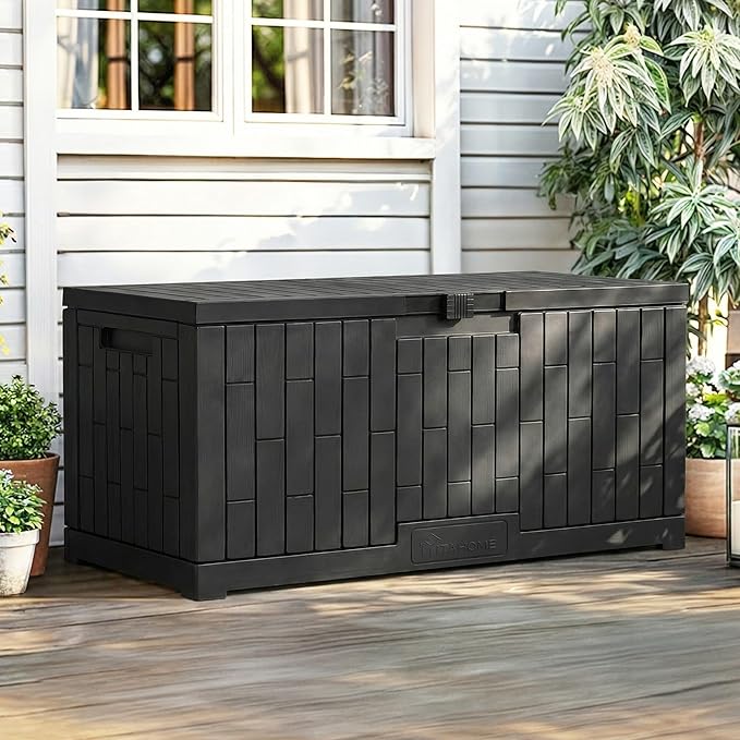 YITAHOME Large Outdoor Storage Box | 120 Gallon Waterproof Resin Deck Box with Slide-Locking Lid, Patio Storage Bin and Bench Seat for Garden Tools, Cushions &