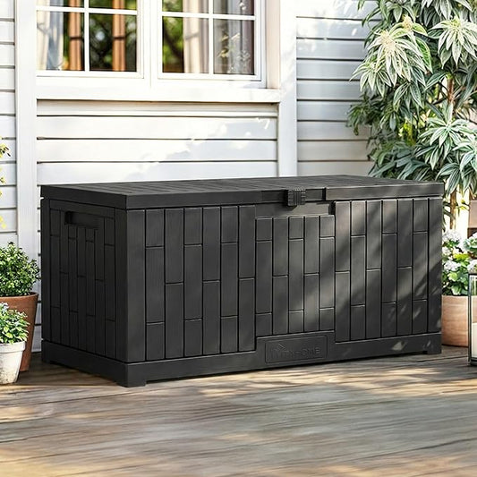 YITAHOME Large Outdoor Storage Box | 120 Gallon Waterproof Resin Deck Box with Slide-Locking Lid, Patio Storage Bin and Bench Seat for Garden Tools, Cushions &