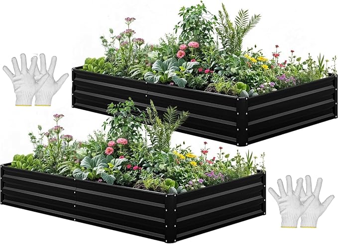 YITAHOME 96x48x12 in 2pcs Galvanized Raised Garden Bed Kit, Large Metal Planter Box with Gloves, Safety Rubber & Support Rod, Outdoor Flower Bed for Plants Vegetables, Black