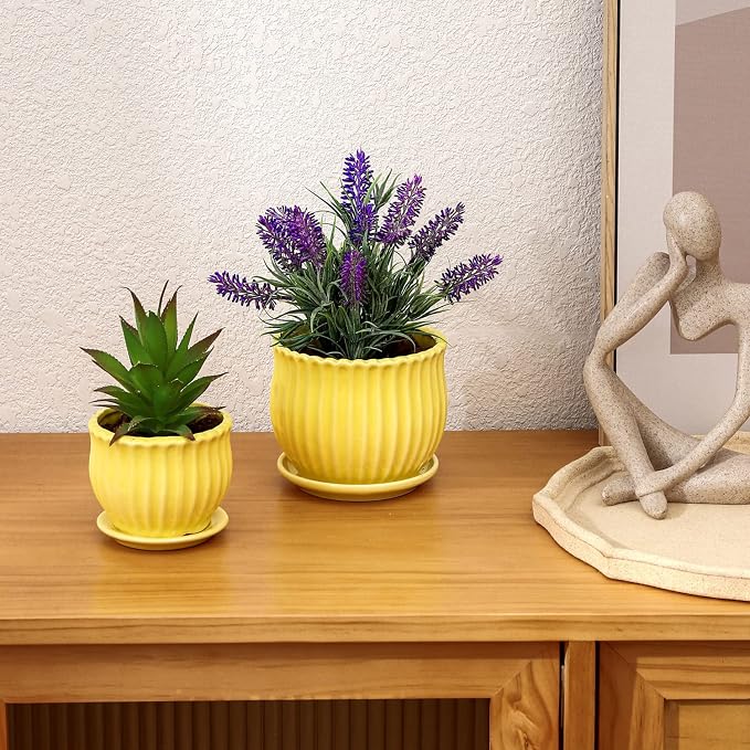 Yellow Ceramic Flower Pots with Saucers, Modern Round Ceramic Succulent Plant Pots with Stripe Texture, Small to Medium Sized, Set of 3