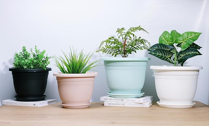 5 Packs 14 inch Flower Pots + Saucer, Planters for Indoor & Outdoor Plants with Drainage Holes | Plastic Flower Pots, Large Planter (White, 14 inch)