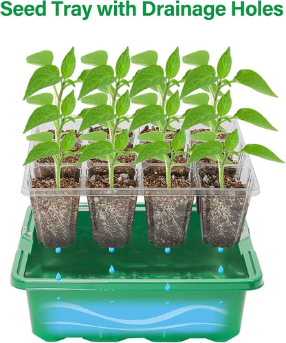 Bonviee 5 Packs Seed Starter Tray with Plant Light, Elevated Seedling Starter Trays Kits with Adjustable Humidity Domes and Clear Cell Tray, 12 Full Spectrum led lamp Beads for Plants Indoor-Green