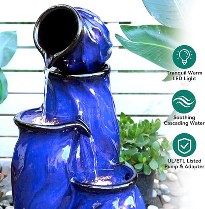 29" Ceramic Water Fountain Outdoor, 4-Tier LED Cascading Waterfall | Dynamic Wave-Texture Garden Fountain with Lights, Serene Relaxing Water Feature for Patio Backyard Decor, Cobalt Blue Glaze