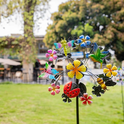 Flower Wind Spinners Outdoor, Metal Windmill with Hummingbirds, Butterflies and Bees, Pinwheels for Yard and Garden