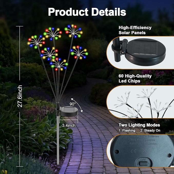 Solar Garden Lights Outdoor, 2 Pack New Upgraded Solar Swaying Starburst Light, Waterproof Fireworks Solar Lights, Yard Patio Pathway Decoration, Multicolor