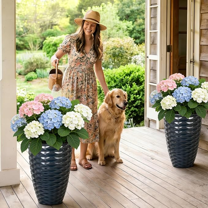 2-Pack 19" Glossy Navy Blue Resin Tall Planters with Wave Texture | Set of 2 resin tall planters with glossy navy blue wave texture, drainage plugs, and UV-resistant finish for porch or patio