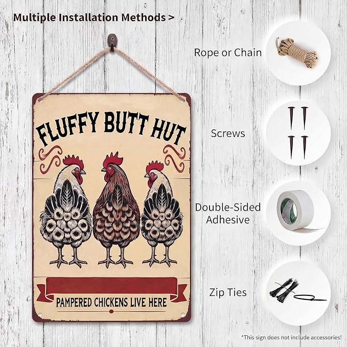 Vintage Chicken Signs Fluffy Butt Hut Pampered Chickens Live Here, whimsical chicken decor Decor for Chicken Coop Farm Kitchen Garden Yard Wall Art 8x12 Inch