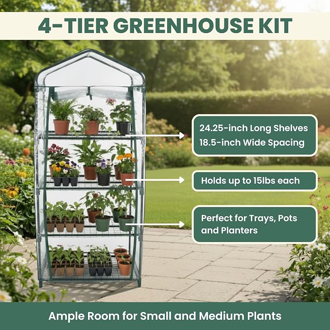 4 Tier Mini Greenhouse - Portable Greenhouse with Rust-Resistant Frame and PVC Cover for Indoor/Outdoor - 27.5x19x63-Inch Green House by Pure Garden