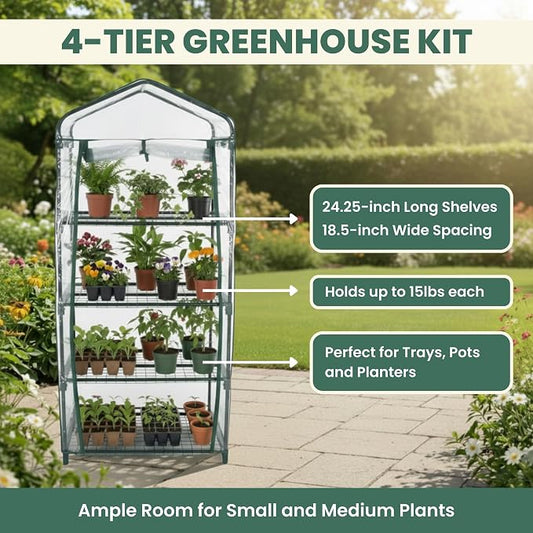 4 Tier Mini Greenhouse - Portable Greenhouse with Rust-Resistant Frame and PVC Cover for Indoor/Outdoor - 27.5x19x63-Inch Green House by Pure Garden
