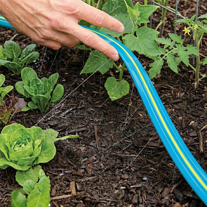 Winisok Upgrade Flat Sprinkler Soaker Hose for Garden 50FT, Heavy Duty 3-Tube Lawn Irrigation Hose with Landscape Stakes, No-Kink Flexible Watering Hose for Yard, Plants