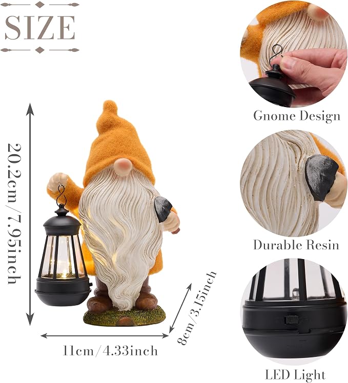 TERESA'S COLLECTIONS Fall Outdoor Decor, Fall Gnome Decor, Autumn Garden Gnomes Holding Lantern with Solar Lights,Waterproof Resin Outdoor Fall Decor, Fall Gifts Outdoor/Indoor,8"