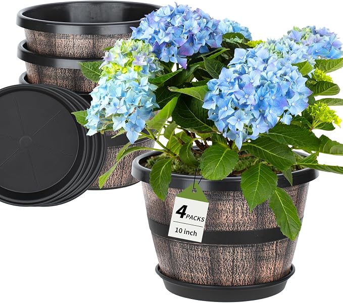 Uneed 10 Inch Whiskey Barrel Planter Pots, 4 Pack Plastic Flower Pots with Drainage Holes & Saucers, Retro Outdoor Pots for Plants, Patio, Lawn Decor (Brown)