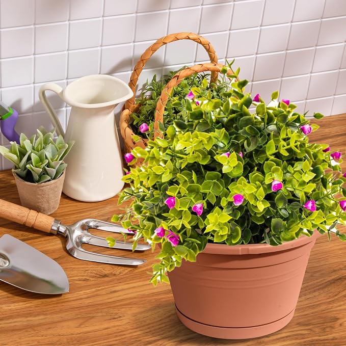 4 Pcs Hanging Planters for Indoor Plants,10" Large Plastic Hanging Basket with Drainage Trays & Chain Holder for Outdoor Indoor Plants Garden Balcony Decoration, Brown