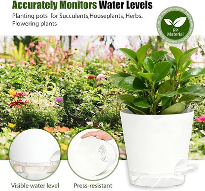 Plant Pots 4/5/5.5/6/6.5/7/8 Inch Self Watering Pots, 7 Pack Plastic Planters with Drainage Holes and Clear Saucers,Plastic Flower Pots,Nursery Planting Pot for Indoor Out Door Plants(White)