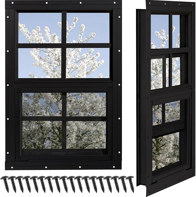 Shed Windows 2 Pack, Chicken Coop Windows 12" x 18" Black | Flush Mounted Small Windows with Tempered Glass and Fiberglass Screen for Shed, Barns, Playhouse, Household, Garage
