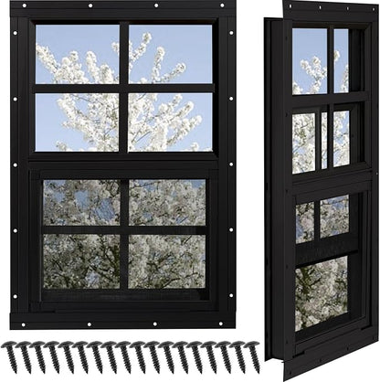 Shed Windows 2 Pack, Chicken Coop Windows 12" x 18" Black | Flush Mounted Small Windows with Tempered Glass and Fiberglass Screen for Shed, Barns, Playhouse, Household, Garage