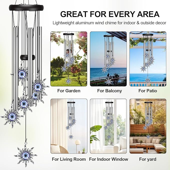 Virekm Windchimes Outdoors,Wind Chimes for Outside Clearance, Wind Chime with Natural Sounds, Outdoor/Indoor Decorations for Patio, Porch, Backyard and Garden Decor (Sun Evil Eyes)